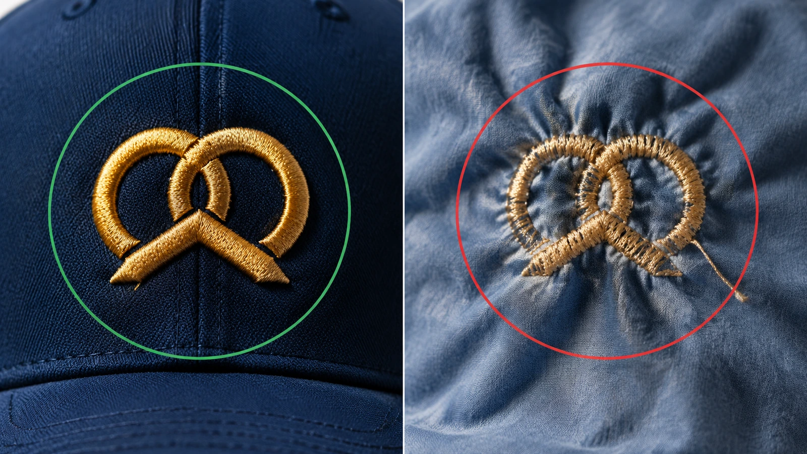 Makroaufnahme: saubere, dichte Satinstich-Stickerei auf einer strukturierten Trucker-Cap-Front neben gekräuselter Stickerei auf einem weichen Panel