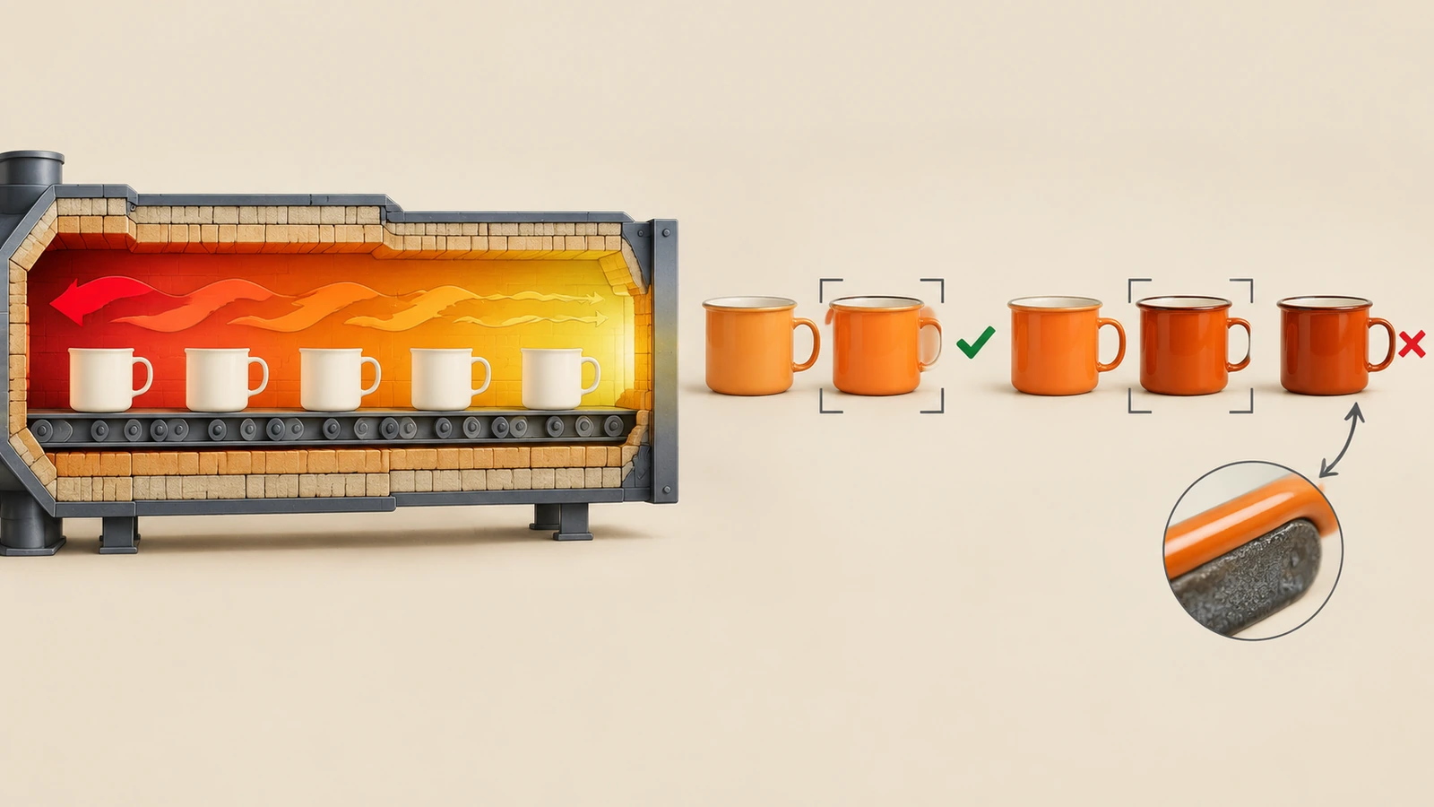 Illustration eines Emaille-Brennofens mit Pfeilen für Temperaturunterschiede und einer Reihe orangefarbener Becher, die allmählich von helleren zu dunkleren Tönen wechseln