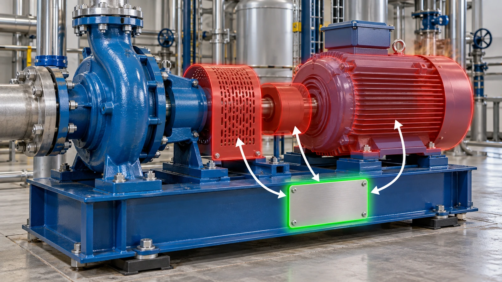 Pumpen-Motor-Grundrahmen mit korrekter Schildposition am festen Rahmen; abnehmbarer Schutz, heißes Motorgehäuse und Kupplung sind als zu meidende Zonen markiert