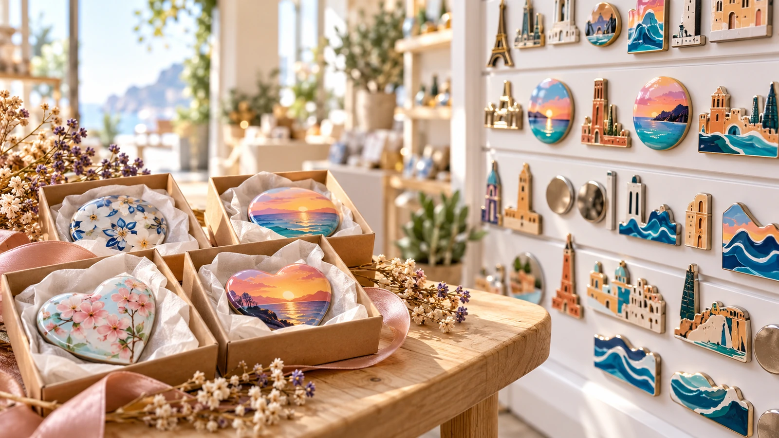Glänzende Kuppelmagnete, verpackt in kleinen Geschenkboxen neben einem Souvenirständer, als Beispiel für Veranstaltungsgeschenke und Tourismushandel
