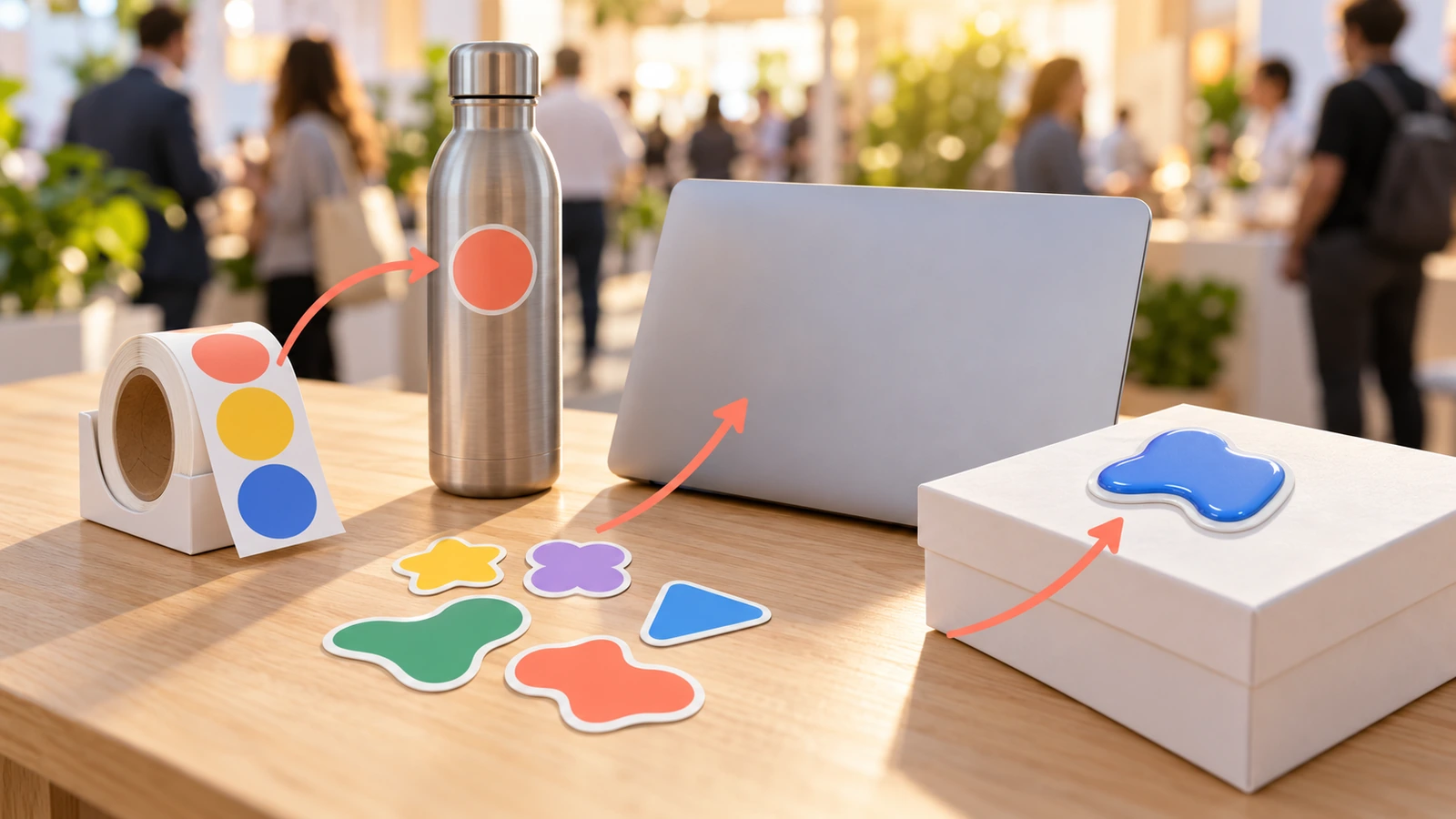 Messestand mit drei Aufkleberformaten: einem Rollenspender, losen konturgestanzten Einzelaufklebern und einem weichen, erhabenen Logo-Aufkleber, mit Pfeilen, die zeigen, wie sie auf einen Laptop, eine Wasserflasche und eine Geschenkbox gelangen