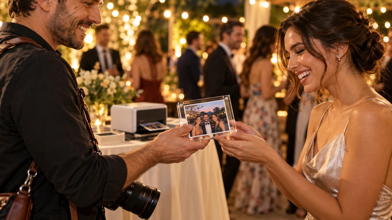 Eventfotograf überreicht einem Gast bei einem abendlichen Empfang einen klaren Acryl-Magnetrahmen mit einem frisch gedruckten Foto