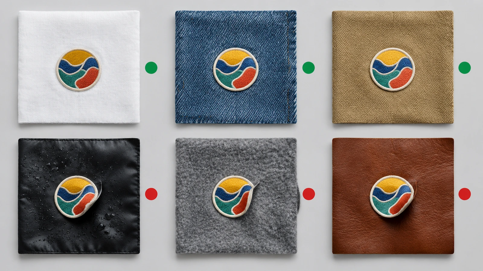 Raster mit Stoffmustern und Patches, grüne Markierungen bei Baumwolle und Denim, rote Markierungen bei Nylon und beschichtetem Stoff