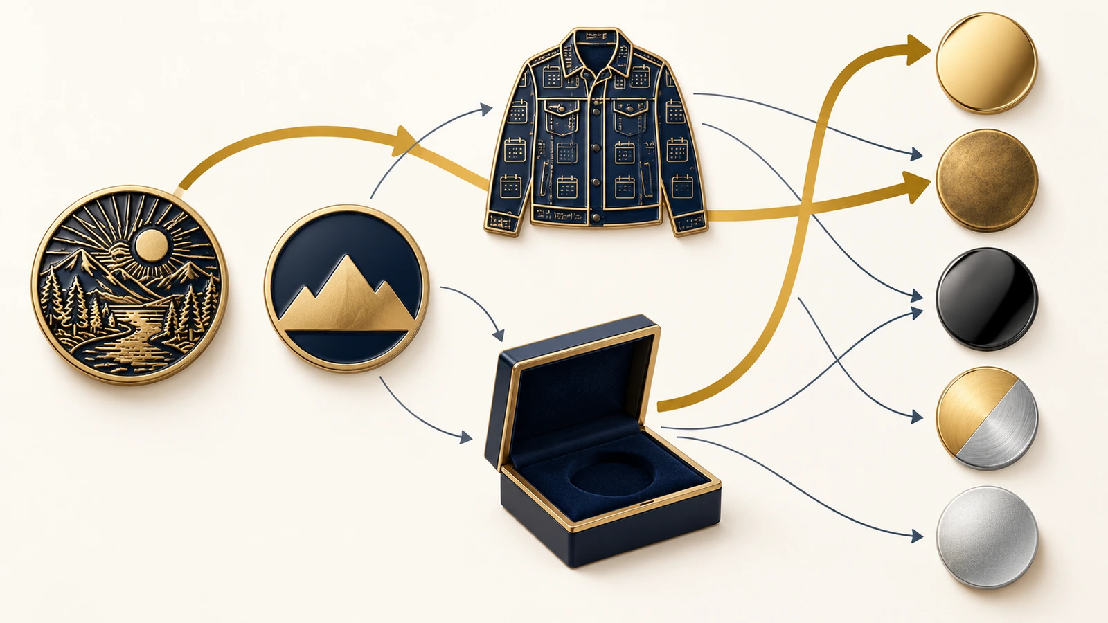 Entscheidungsflussdiagramm mit Formen und Pfeilen, das von Designdetails und Tragehäufigkeit zu einer empfohlenen Oberflächenausführung für die Anstecknadel führt