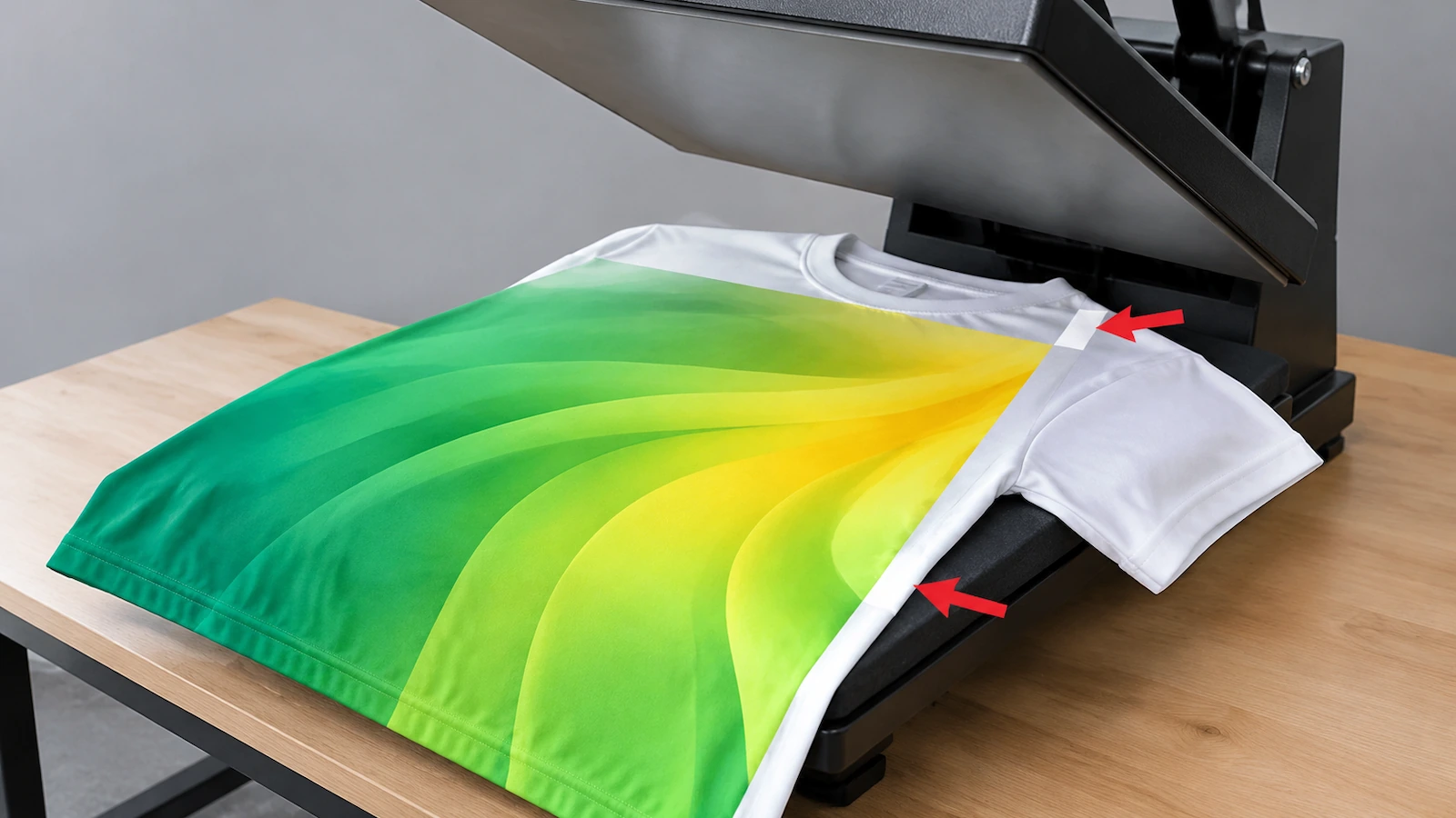 Pressplatte einer Heißpresse über einem genähten Polyester-T-Shirt, Pfeile weisen auf unbedruckte Lücken entlang der Seitennaht