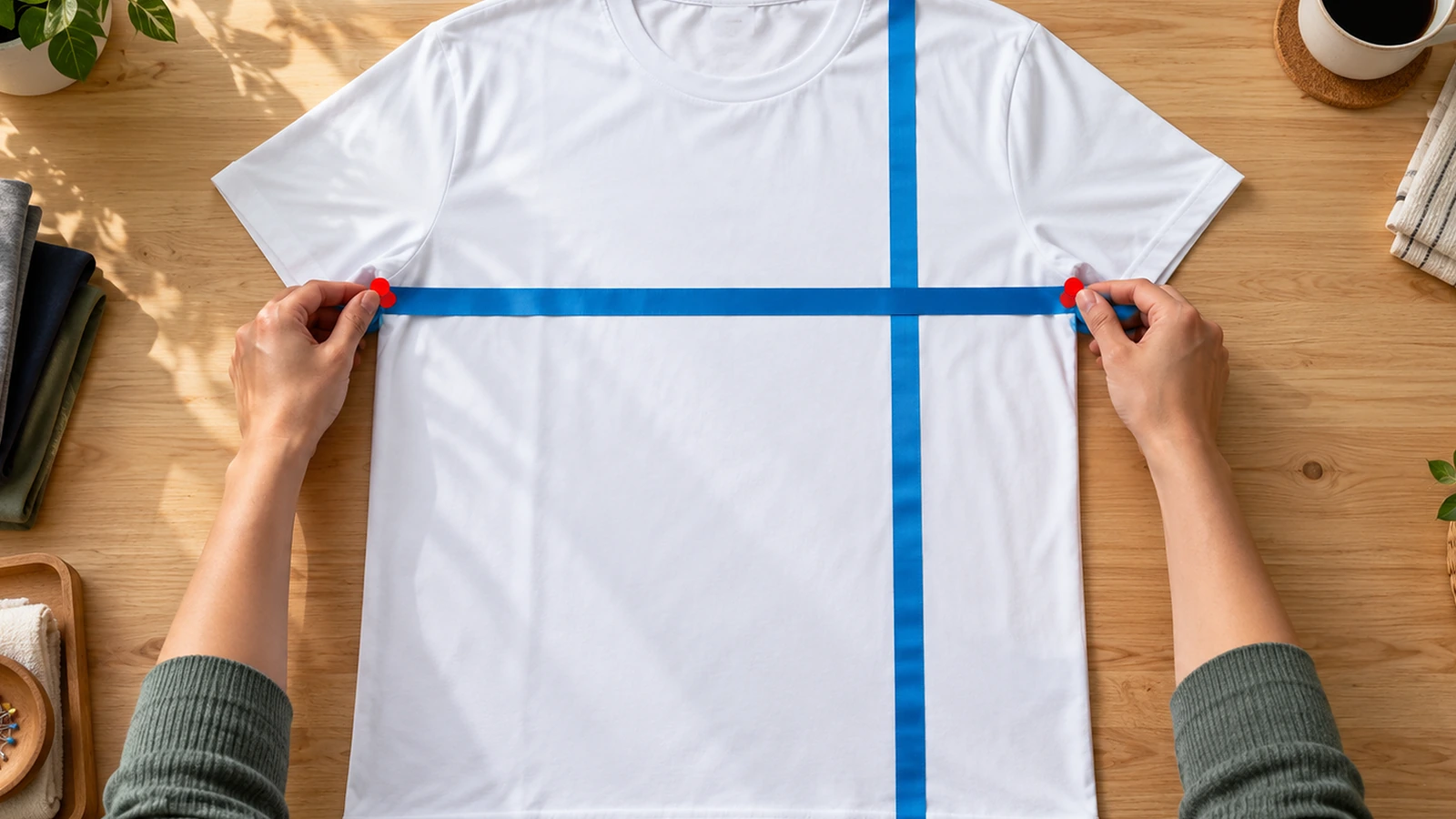 Hände messen ein flach ausgelegtes weißes Unisex-Polyester-T-Shirt, ein leeres Stoffband liegt quer über der Brust