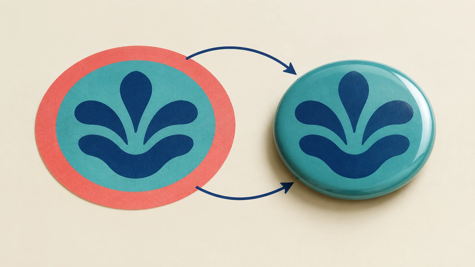 Ein flacher, bedruckter Papierkreis neben einem fertigen, gewölbten Pinback-Button, mit gebogenen Pfeilen, die zeigen, wie sich der äußere Ring des Drucks um den Rand der Metallschale legt