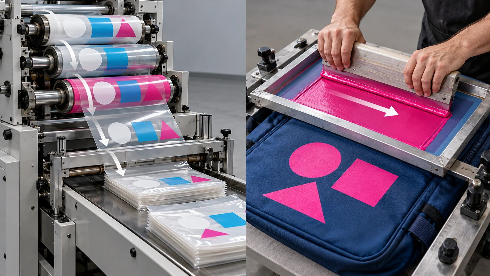 Geteilte Illustration: Flexodruck auf einer Rolle Polyethylenfolie und ein Siebdruckrahmen, der Farbe auf ein Stoffteil eines Rucksacks aufträgt