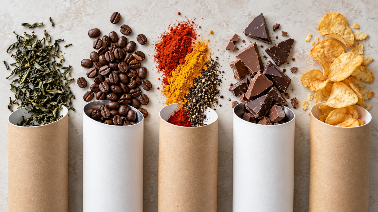 Unbedruckte Röhren aus Kraft- und Weißkarton, angeordnet mit losen Teeblättern, gerösteten Kaffeebohnen, bunten gemahlenen Gewürzen, Schokoladenstücken und Snack-Chips auf neutralem Untergrund