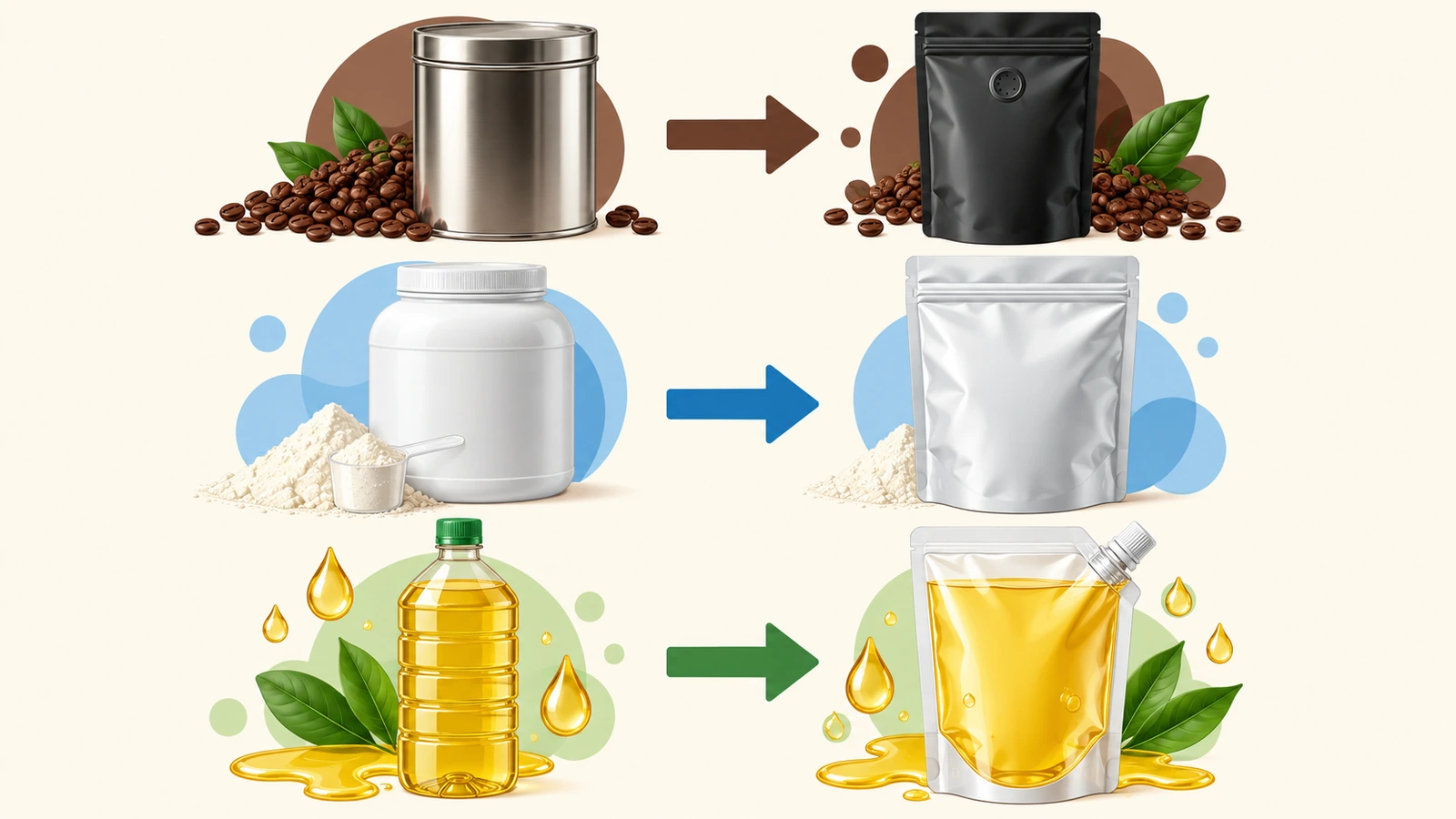 Zuordnungsdiagramm, das eine Kaffeedose mit einem Ventilbeutel, eine Pulverdose mit einem breiten Beutel mit Zippverschluss und eine Flüssigkeitsflasche mit einem Beutel mit Ausgießer verbindet, mit farbigen Pfeilen