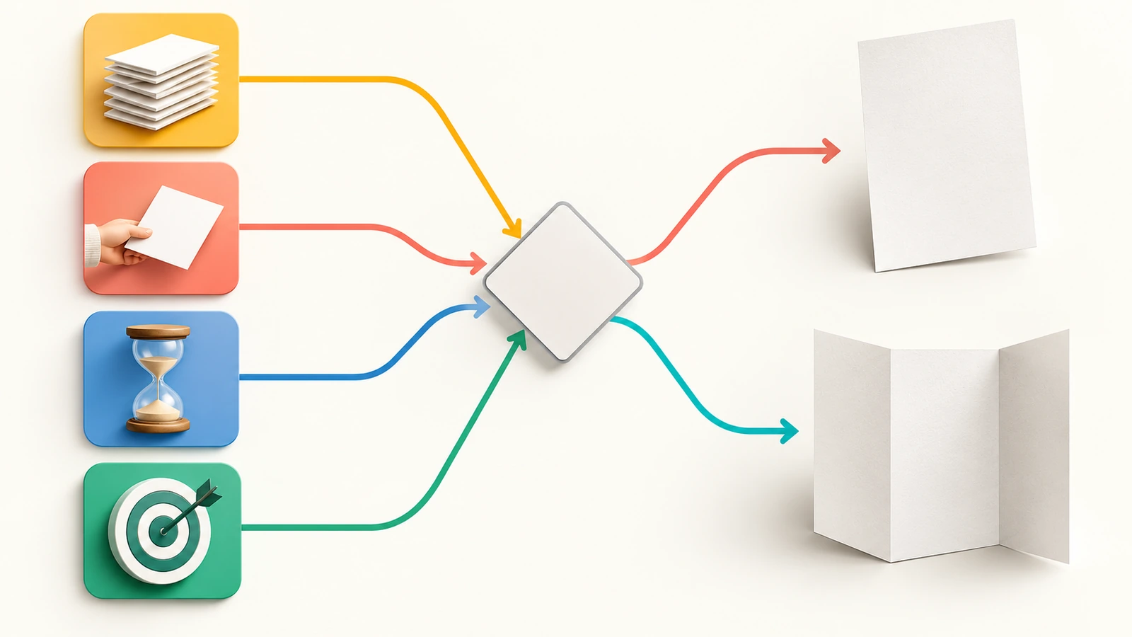Illustration von vier Entscheidungsfaktoren – Inhaltsumfang, Verteilungskanal, Lesedauer und Kampagnenziel –, die entweder zu einem flachen Flyer oder zu einem gefalzten Faltblatt führen
