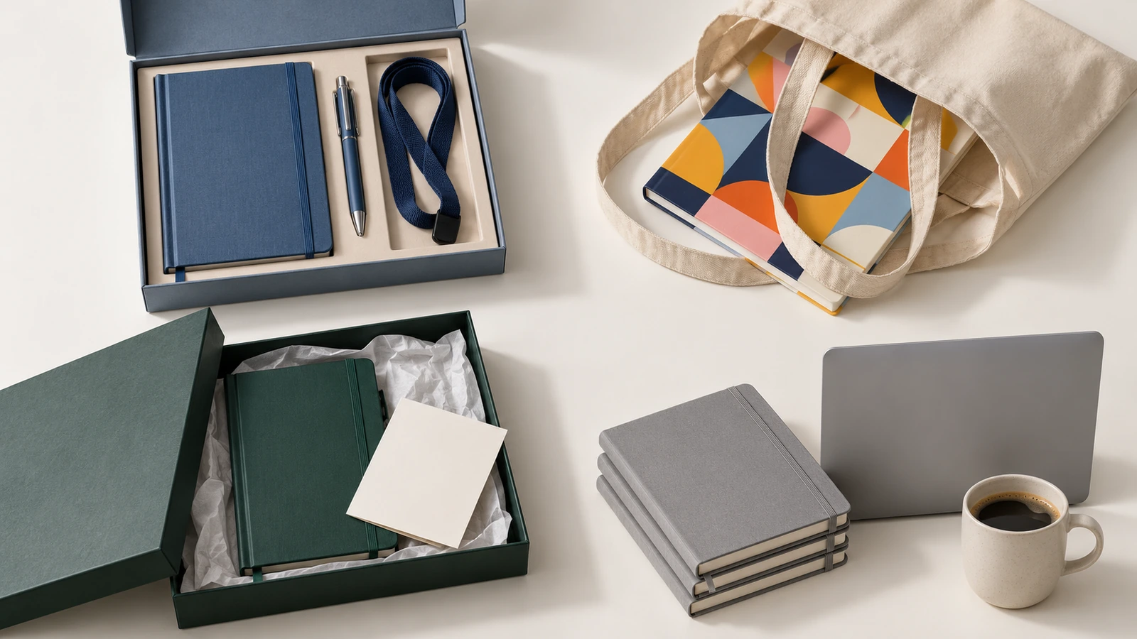 Vier Gruppen von Hardcover-Notizbüchern, angeordnet als Onboarding-Paket, Konferenz-Tragetasche, Kundengeschenkbox und Tischaufbau in einem Schulungsraum