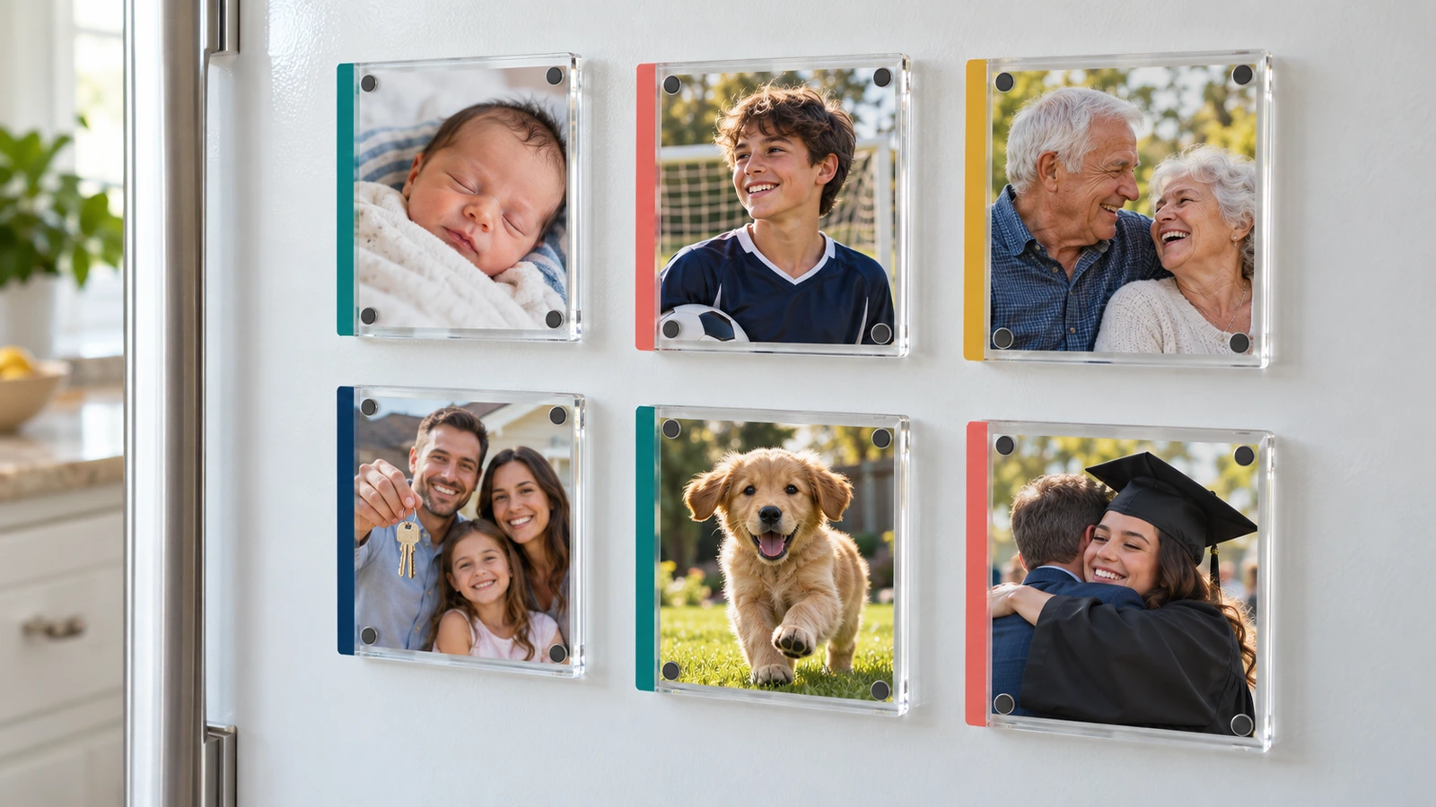 Mehrere klare Acryl-Magnet-Bilderrahmen mit Familien-, Kinder- und Haustierfotos an einer weißen Kühlschranktür, jeweils mit einem kleinen farbigen Markenstreifen an einem Rand