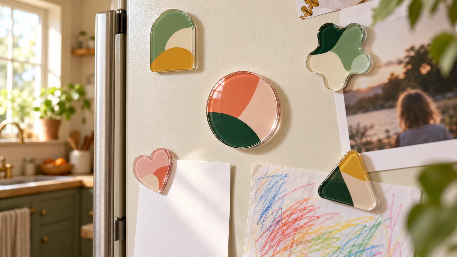 Kühlschranktür mit mehreren durchsichtigen Acryl-Werbemagneten, die leere Blätter und ein Familienfoto halten und zeigen, wie sich geschäftliche Magnete den Platz mit persönlichen Gegenständen teilen