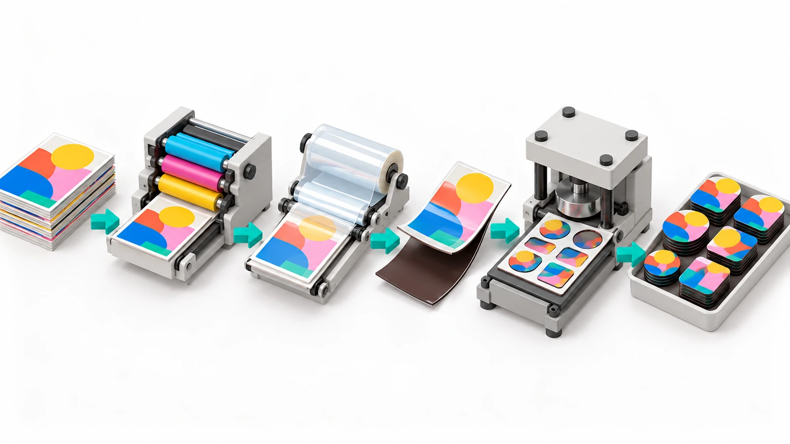 Produktionsablauf bedruckter Kühlschrankmagnete von der Druckvorlage über Druck, Kaschierung und Magnetrückseite bis zum Stanzen