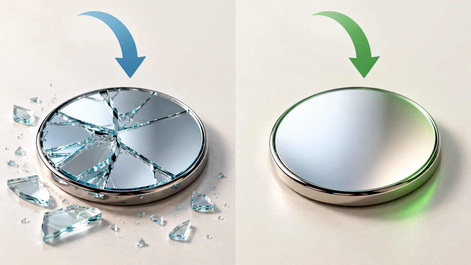 Direktvergleich: Eine Button-Spiegelfläche aus Glas zerbricht in scharfe Splitter, während eine Button-Spiegelfläche aus Acryl nach einem Sturz heil bleibt; Pfeile zeigen den Fall