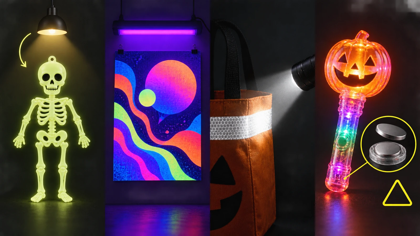 4-teilige Illustration, die einen leuchtenden Aufkleber, einen Druck unter Schwarzlicht, einen vom Strahl einer Taschenlampe angeleuchteten Reflexstreifen und ein batteriebetriebenes Leuchtspielzeug vergleicht