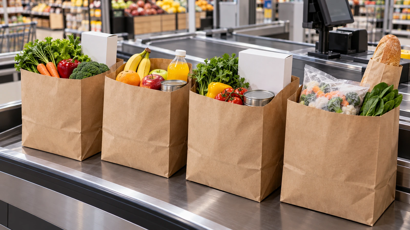 Supermarktkasse mit schlichten braunen Papiertragetaschen aus Kraftpapier, gefüllt mit Obst und Gemüse, Flaschen und verpackten Waren