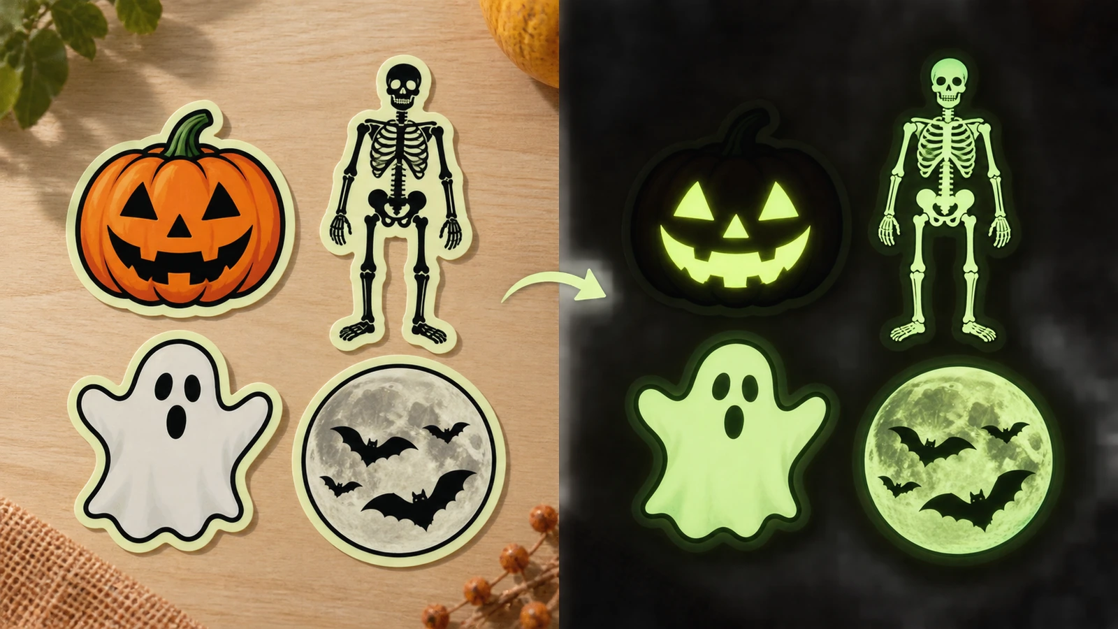 Nachleuchtende Halloween-Aufkleber bei Tageslicht mit farbigen Kürbis-, Gespenst- und Skelettmotiven sowie im Dunkeln, wobei nur die unbedruckten Bereiche grün leuchten