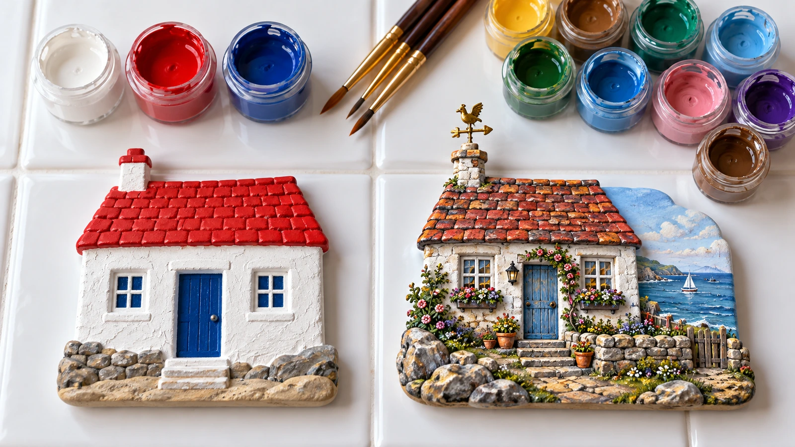 Zwei markenlose Souvenirmagnete nebeneinander, einer in wenigen flachen Farben bemalt und einer mit vielen feinen Detailbemalungen, daneben Pinsel und Farbtöpfe