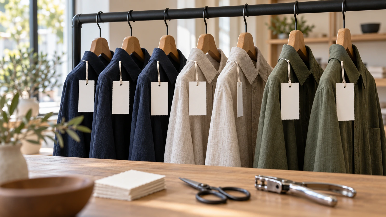 Papiermuster von Hangtags in Originalgröße an den Ärmeln gefalteter Hemden an einer Kleiderstange im Handel, zum Testen von Lesbarkeit und Drehverhalten des Hangtags vor der Bestellung