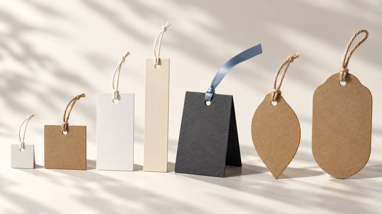 Unbedruckte Hangtags, von klein nach groß angeordnet: ein quadratischer Mini-Hangtag, ein senkrechtes Standardrechteck, ein langer Streifen, ein aufgeklappter gefalzter Hangtag und zwei gestanzte Formen