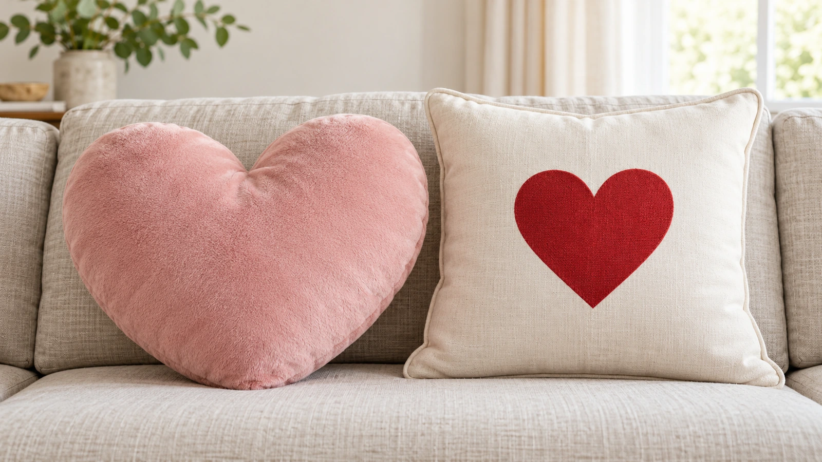 Ein üppiges herzförmiges Kissen mit Stanzkontur neben einem quadratischen Wurfkissen mit Herzmotiv auf einem neutralen Leinensofa