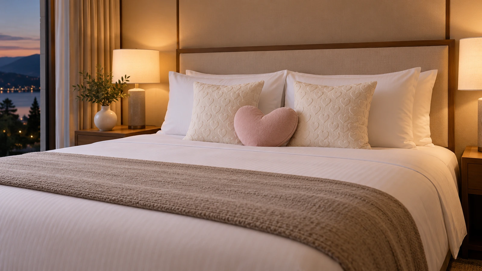 Hotelsuite mit Bett, weißen Schlafkissen, zwei quadratischen Wurfkissen mit dezentem Herzmuster und einem kleinen herzförmigen Kissen mit Stanzkontur als Akzent in der Mitte