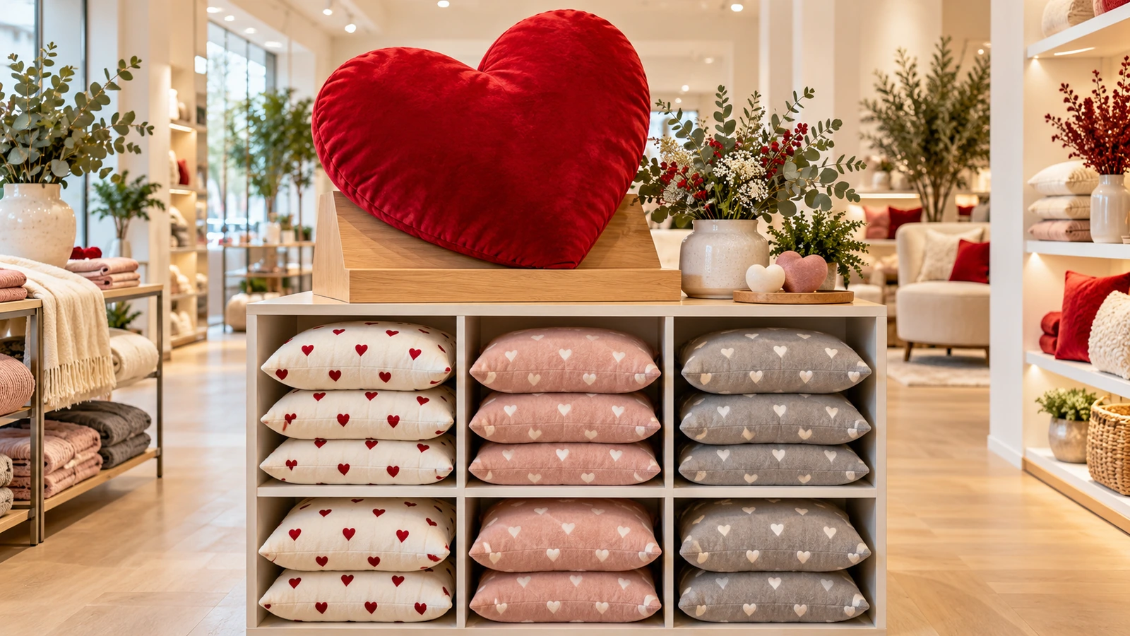 Einzelhandels-Endcap mit einem übergroßen roten Herzkissen auf einem schrägen Aufsteller über ordentlichen Stapeln quadratischer Wurfkissen mit kleinen Herzmustern