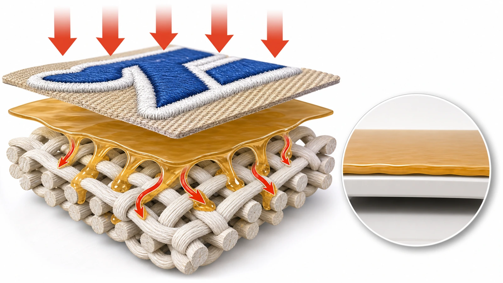 Querschnittsdiagramm: Heißsiegelkleber schmilzt unter einem gestickten Patch in das Gewebe eines Baumwoll-Kleidungsstücks