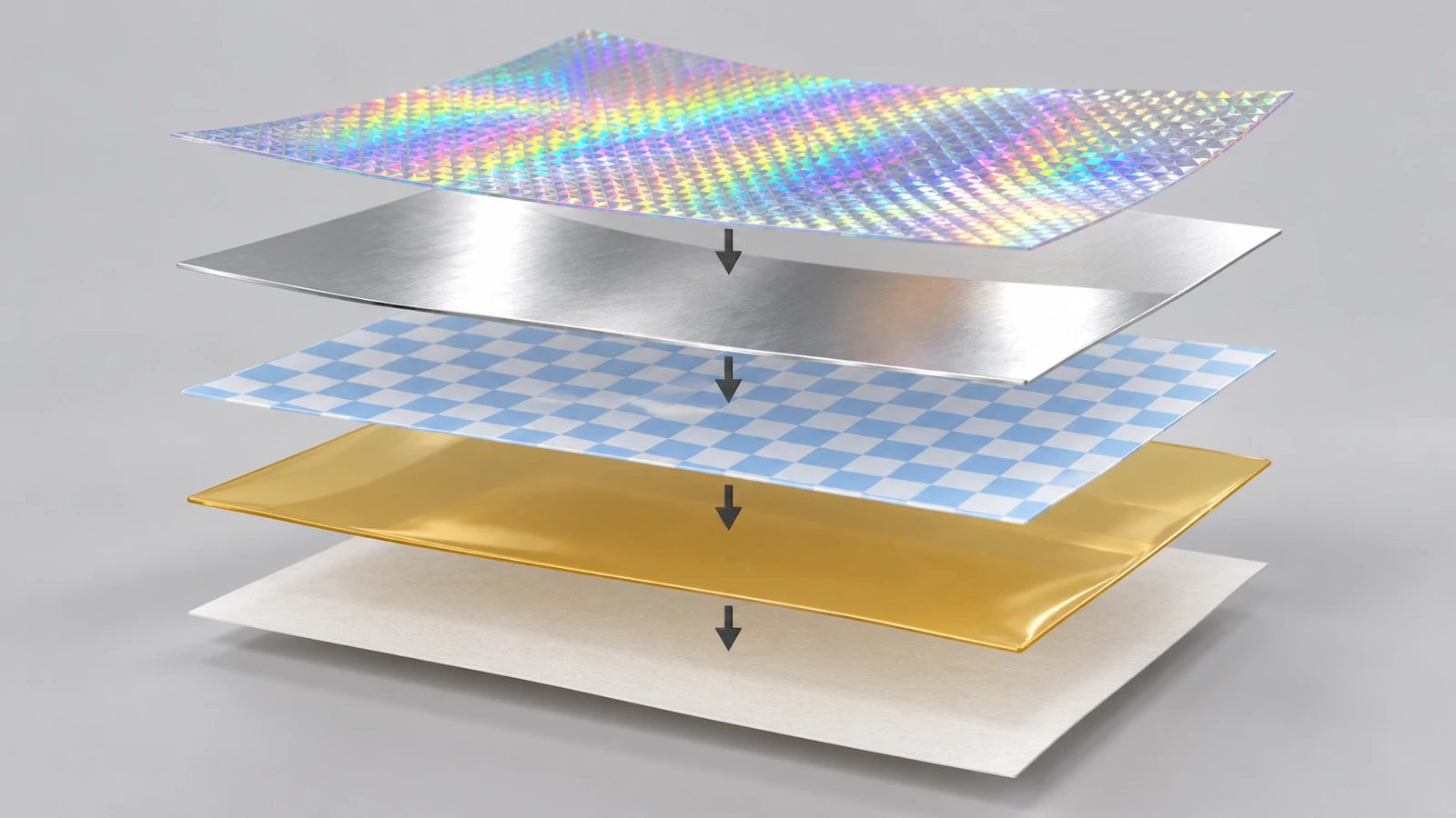Explosionsdarstellung im Querschnitt eines Hologramm-Sicherheitsaufklebers mit geprägtem Film, Metallschicht, gemusterter Trennbeschichtung, Klebstoff und Trägermaterial