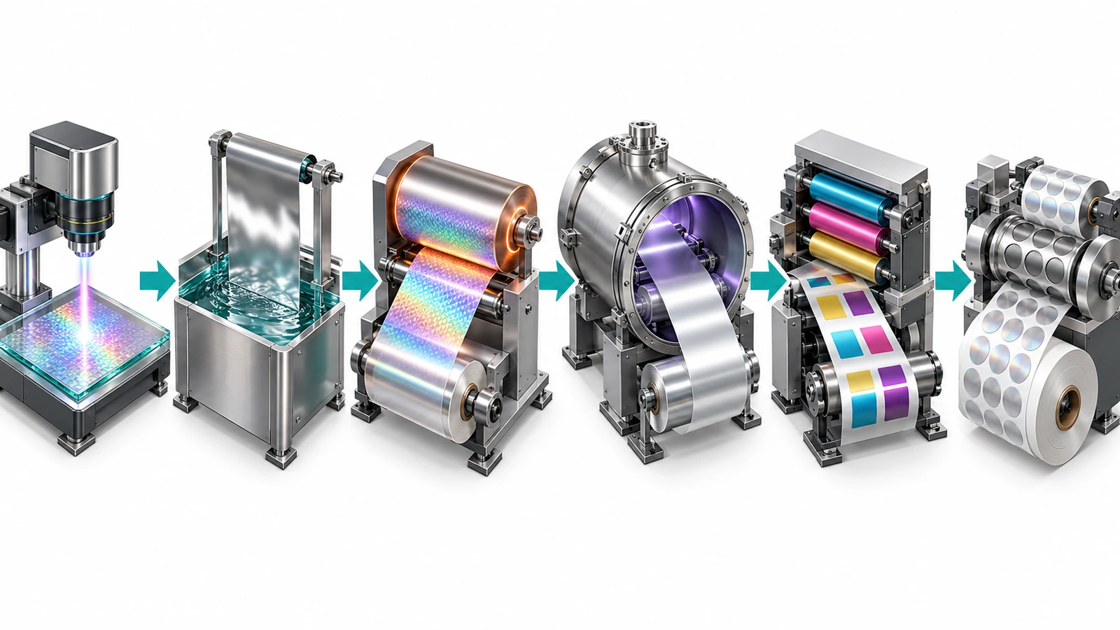 Produktionsablauf beim Druck von Hologramm-Aufklebern vom optischen Master über Nickel-Shim, Prägewalze, Metallisierungskammer und Druckmaschine bis zu gestanzten Etiketten