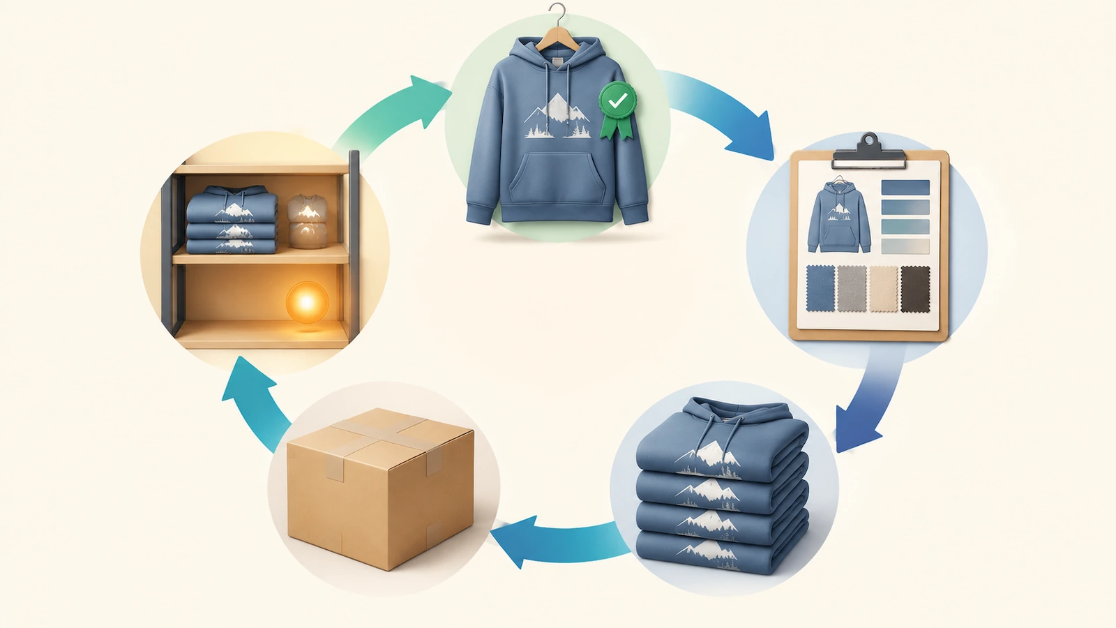 Nachbestellschleife einer Hoodie-Marke: freigegebenes Referenzmuster, festgeschriebene Spezifikation, Produktionslauf, Versand und Nachbestell-Auslöser