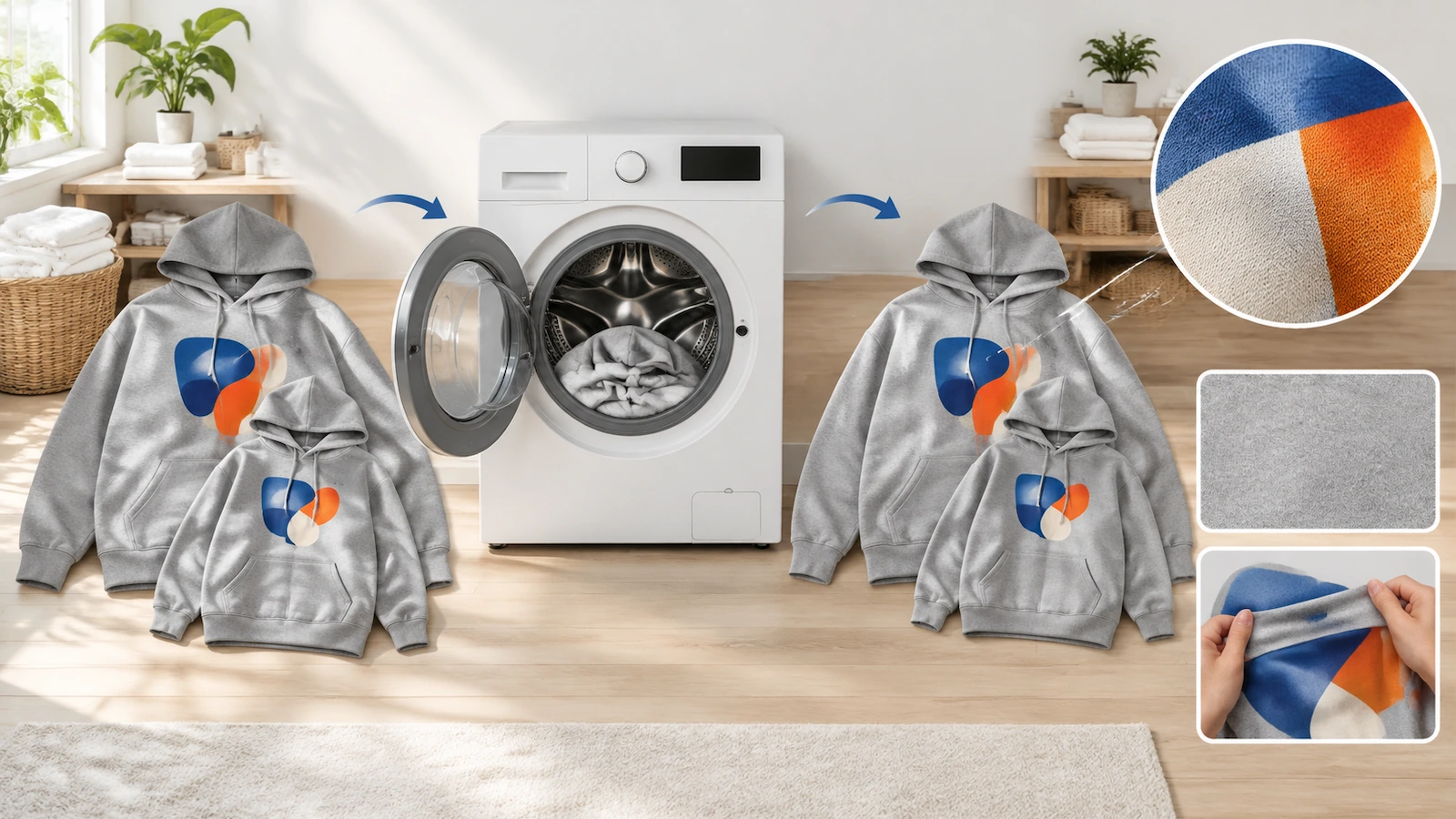 Muster-Hoodies in kleiner und großer Größe im Vergleich vor und nach einem Waschtest zur Prüfung von Einlaufen und Rissen im Druck