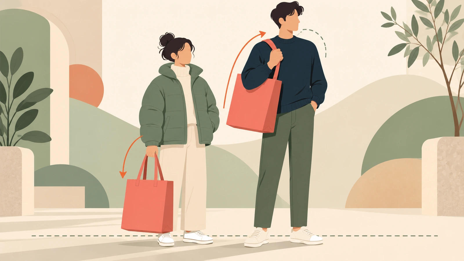 Zwei unterschiedlich große Personen tragen dieselbe übergroße Mehrwegtasche, eine in der Hand, die andere über der Schulter