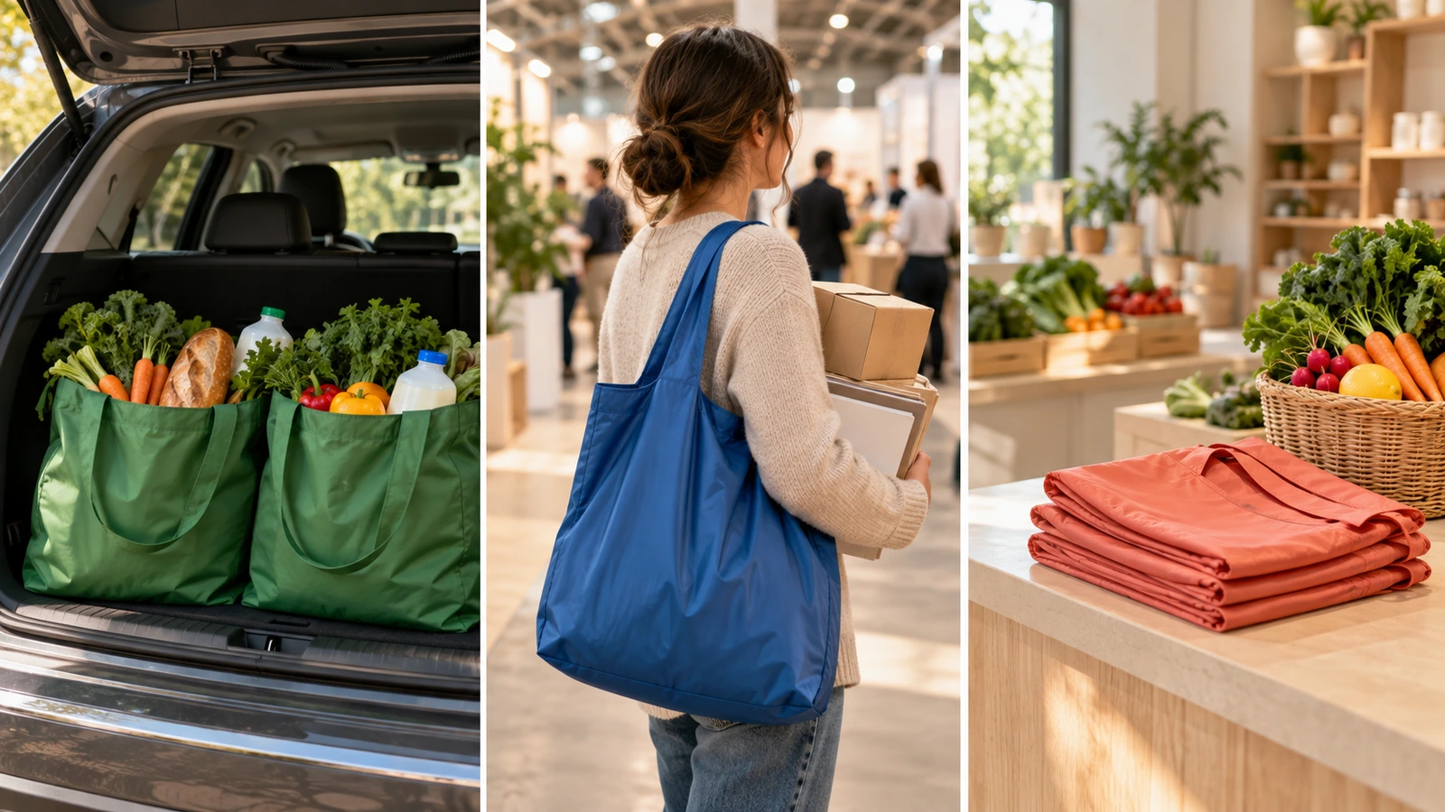 Drei Szenen mit übergroßen Mehrwegtaschen bei einem Großeinkauf, einer Verteilung von Werbegeschenken auf einer Messe und einem Programm im Einzelhandel
