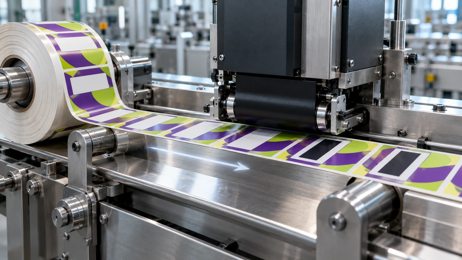 Eine vorbedruckte Vollfarb-Etikettenrolle läuft unter einem Thermotransfer-Druckkopf hindurch, der in ein freigehaltenes leeres Fenster auf jedem Etikett ein dunkles Codeband druckt