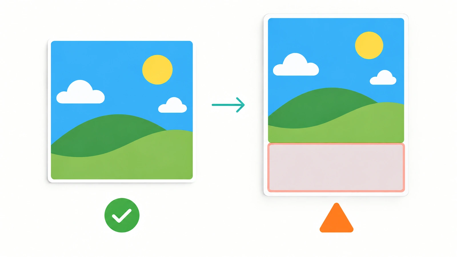 Diagramm: Ein quadratisches Foto füllt eine quadratische Seite vollständig aus, während dasselbe Foto auf einer Hochformatseite einen leeren Streifen lässt