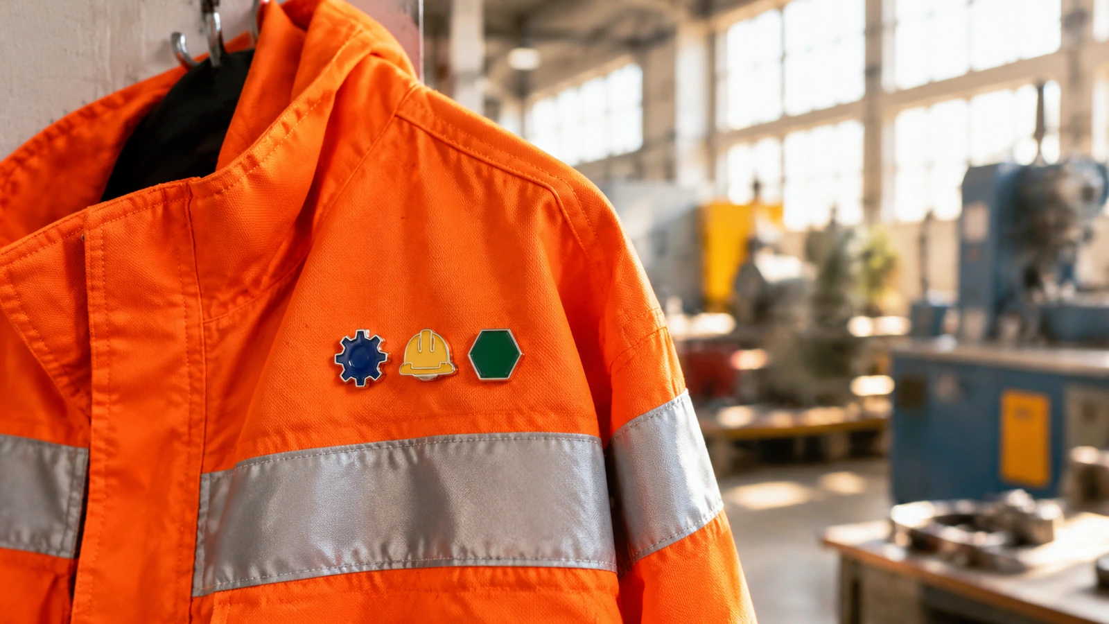 Unbedruckte geometrische Emaille-Pins an einer Warnjacke, die in einer hellen Industriewerkstatt hängt