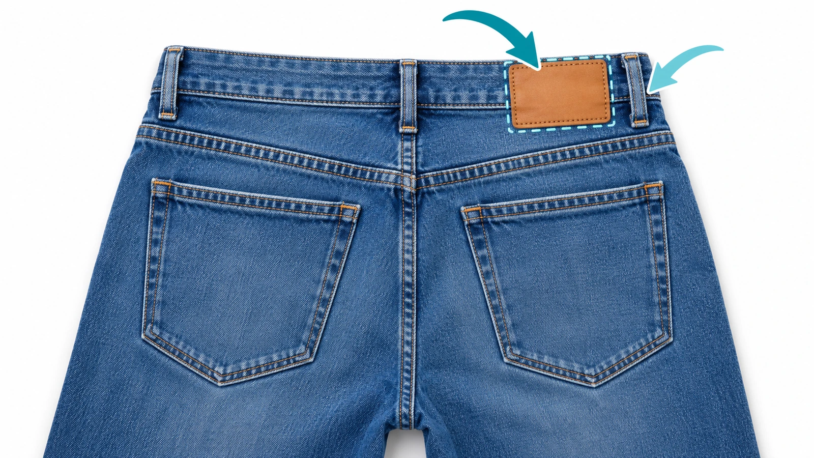 Rückansicht einer Jeans mit Lederpatch am rechten hinteren Bund, Pfeile zeigen die Nähreihenfolge, bevor die Gürtelschlaufen mit Riegelnähten fixiert werden