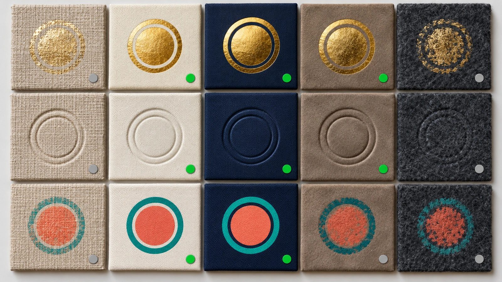 Prägungen mit Metallfolie, Tiefprägungen und Siebdruckmotive auf fünf Bezugsstoffen, die zeigen, welche Oberflächen scharfe Kanten halten