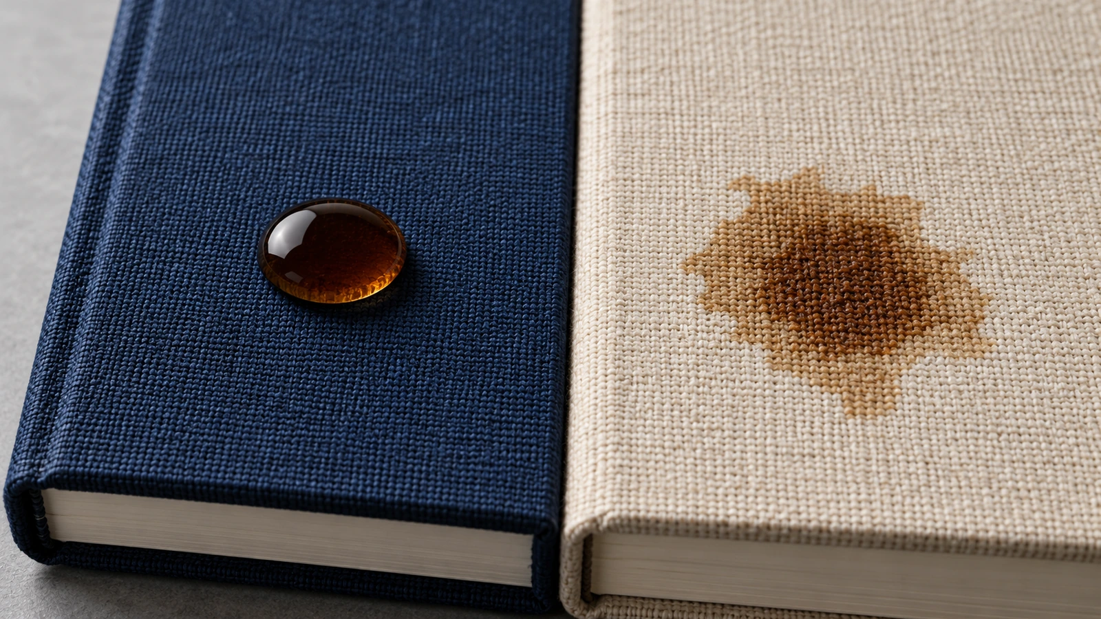 Wassertropfen perlt auf beschichtetem Buchbindegewebe ab, während ein Tropfen in unbeschichtetes Leinen einzieht