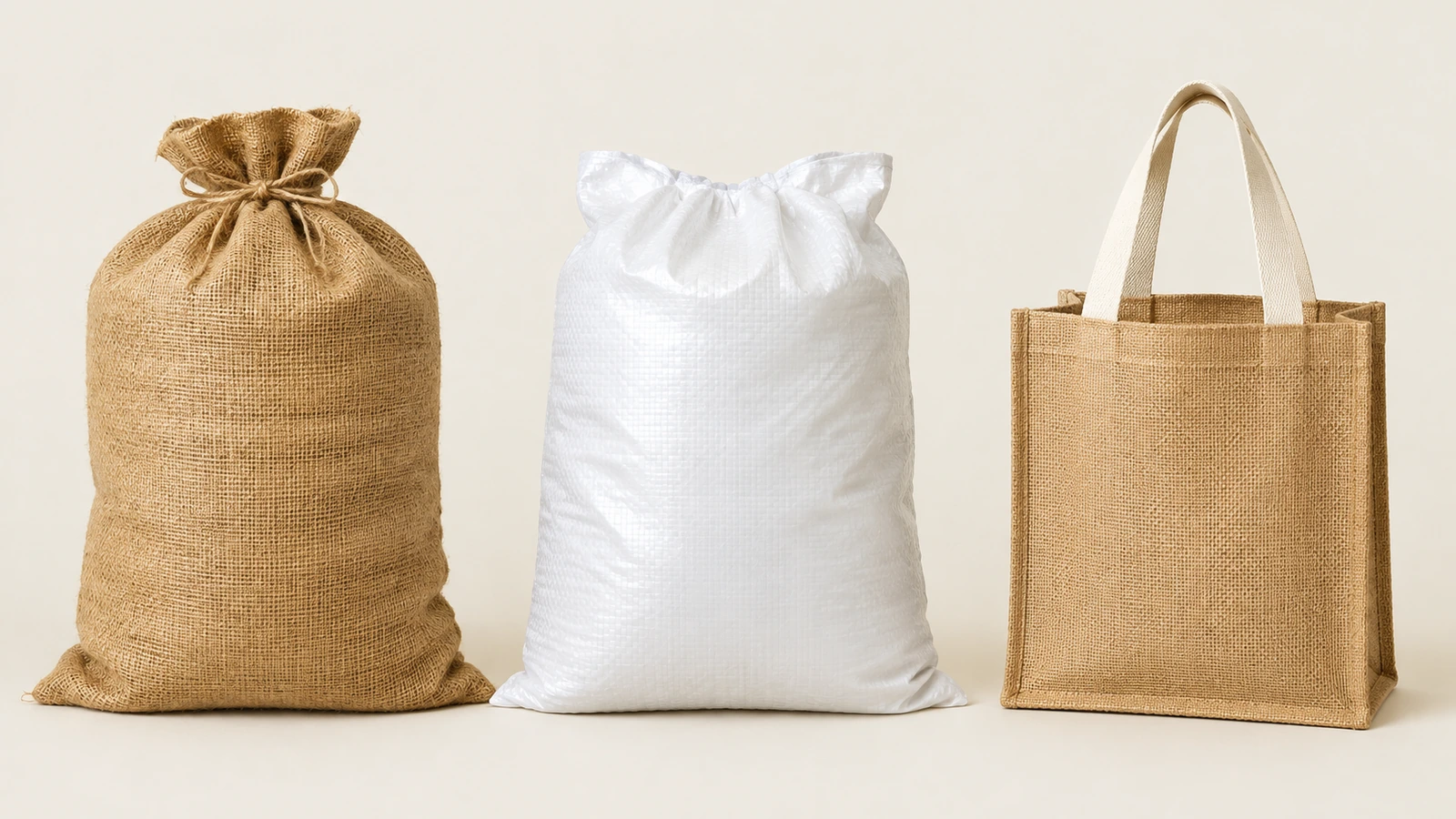 Nebeneinander angeordnet: ein schlichter Jute-Warensack, ein weißer gewebter Polypropylensack und eine Jute-Tragetasche mit Baumwollgriffen