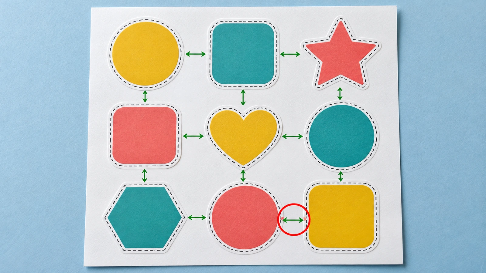 Draufsicht auf einen Stickerbogen mit gleichmäßig verteilten Kiss-Cut-Formen und Pfeilen, die gleiche Abstände markieren, sowie einem rot hervorgehobenen Paar, das zu nah beieinander platziert ist