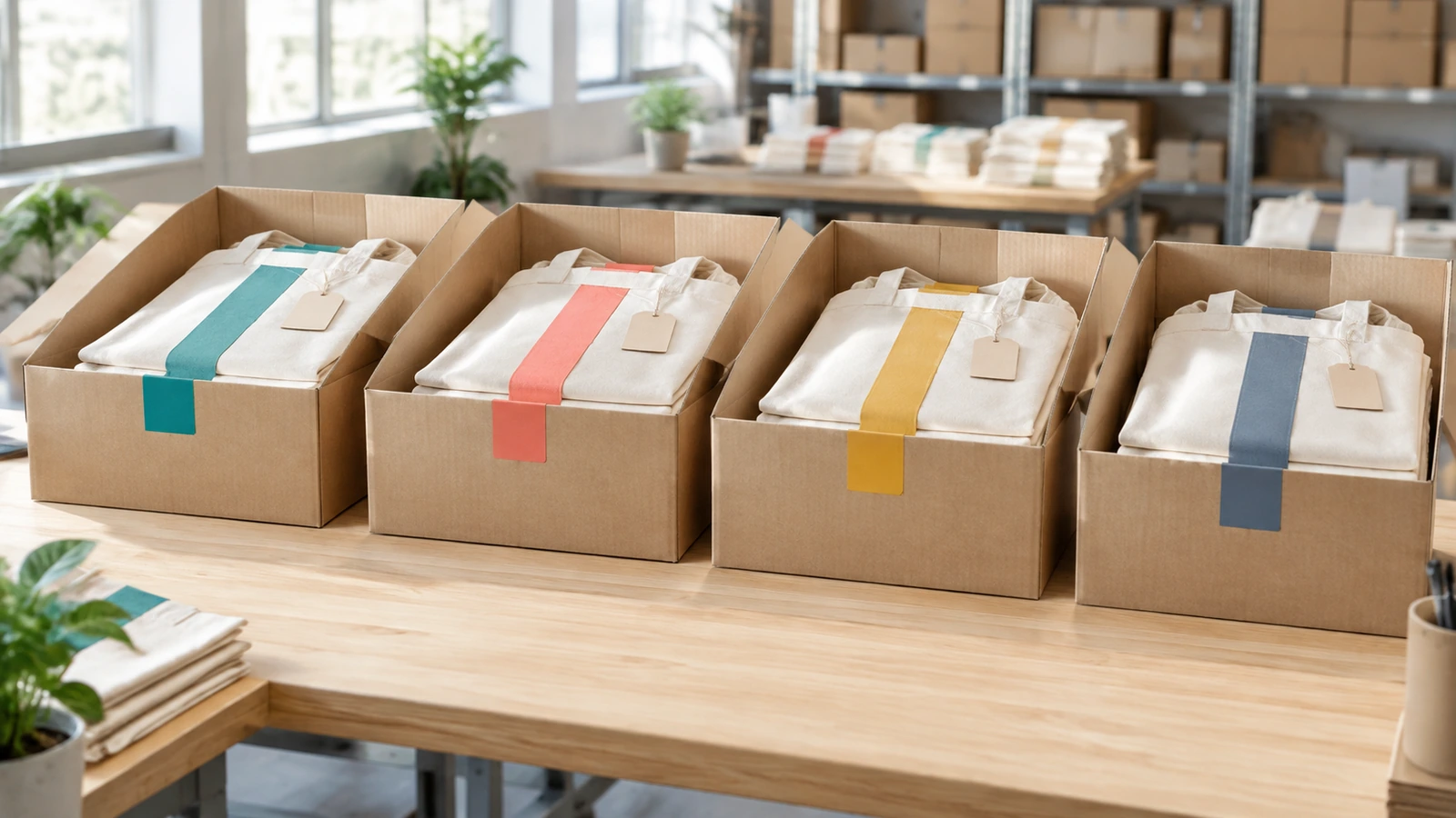Verpackte Taschen, nacheinander in Kartons sortiert, mit farbigen Reitern passend zu jeder Verteilgruppe