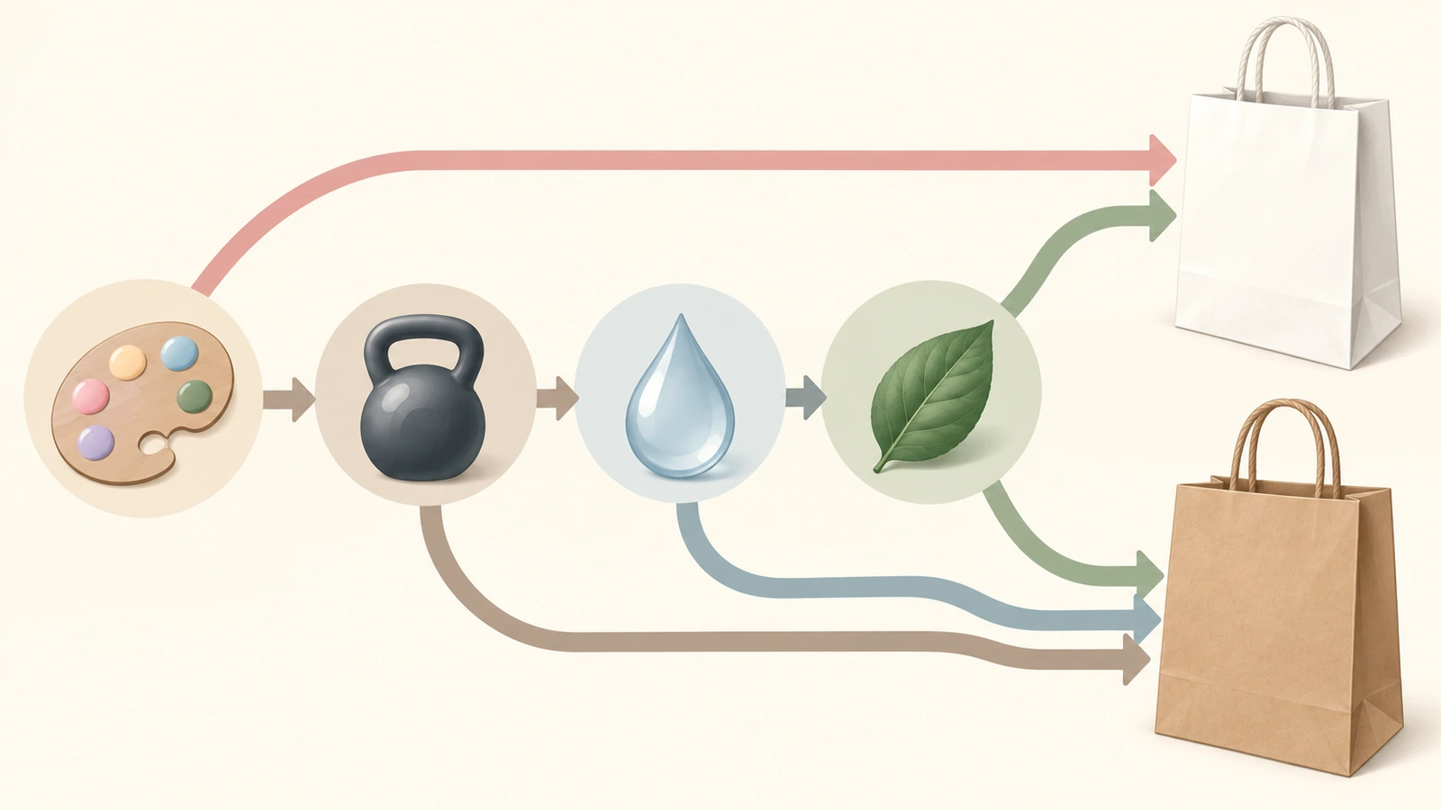 Entscheidungsablauf-Illustration mit einfachen Formen und Pfeilen: Ein Farbpalette-Symbol, ein Gewichtssymbol, ein Wassertropfen und ein Blatt führen über verzweigte Pfade zu entweder einer Tüte aus weißem oder einer Tüte aus braunem Kraftpapier