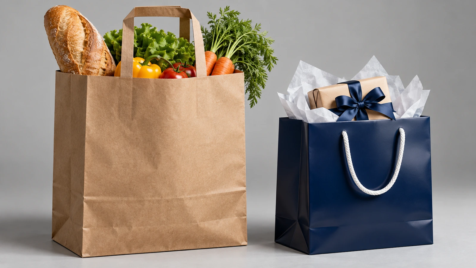Braune Kraftpapiertasche mit flachen Henkeln neben einer glänzenden dunklen kaschierten Kunstdruckpapier-Geschenktasche mit Kordelhenkeln, beide mit leeren Flächen
