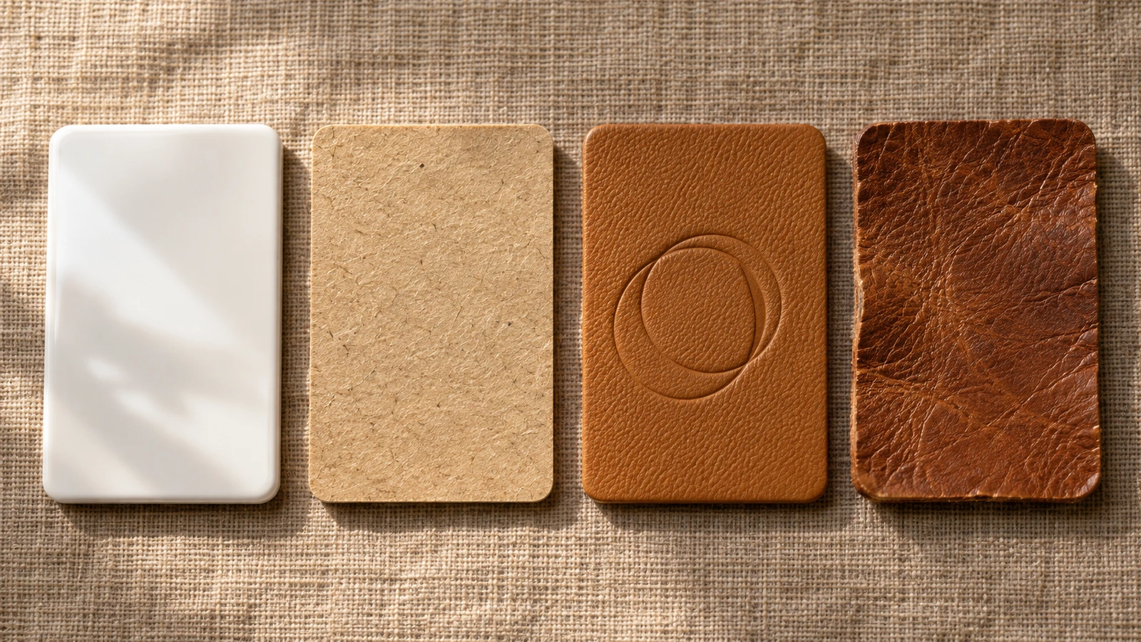 Nahaufnahme von oben, die Etikettenmaterialien aus glänzendem Vinyl, mattem Papier, geprägtem Kunstleder und Naturleder nebeneinander vergleicht