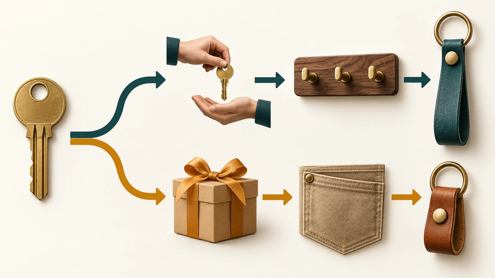 Entscheidungsdiagramm mit Symbolen und Pfeilen: Ein Schlüsselsymbol verzweigt sich zu einem am Körper getragenen Bandpfad für gemeinsam genutzte Arbeitsschlüssel und zu einem Pfad für Taschen-Schlüsselanhänger bei einmaligen Geschenkübergaben