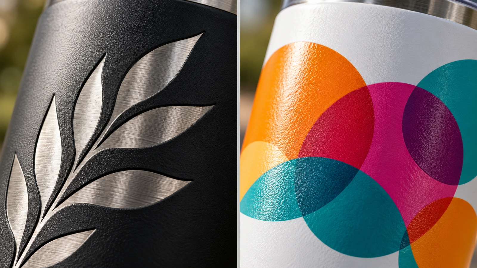 Nahaufnahme nebeneinander: ein lasergraviertes Tumbler mit hellem blankem Stahl unter dunkler Beschichtung und ein UV-bedruckter Tumbler mit vollfarbigem abstraktem Muster